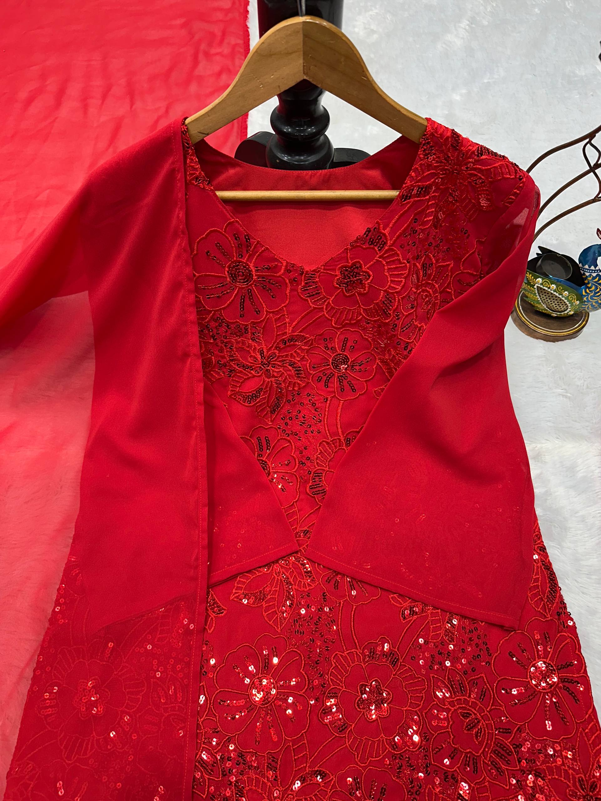 Opulent Red Bell-Sleeve Couture